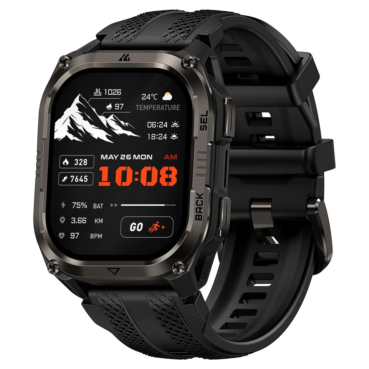 Black KOSPET PULSE 2 smartwatch with 1.96 inch AMOLED display and black band