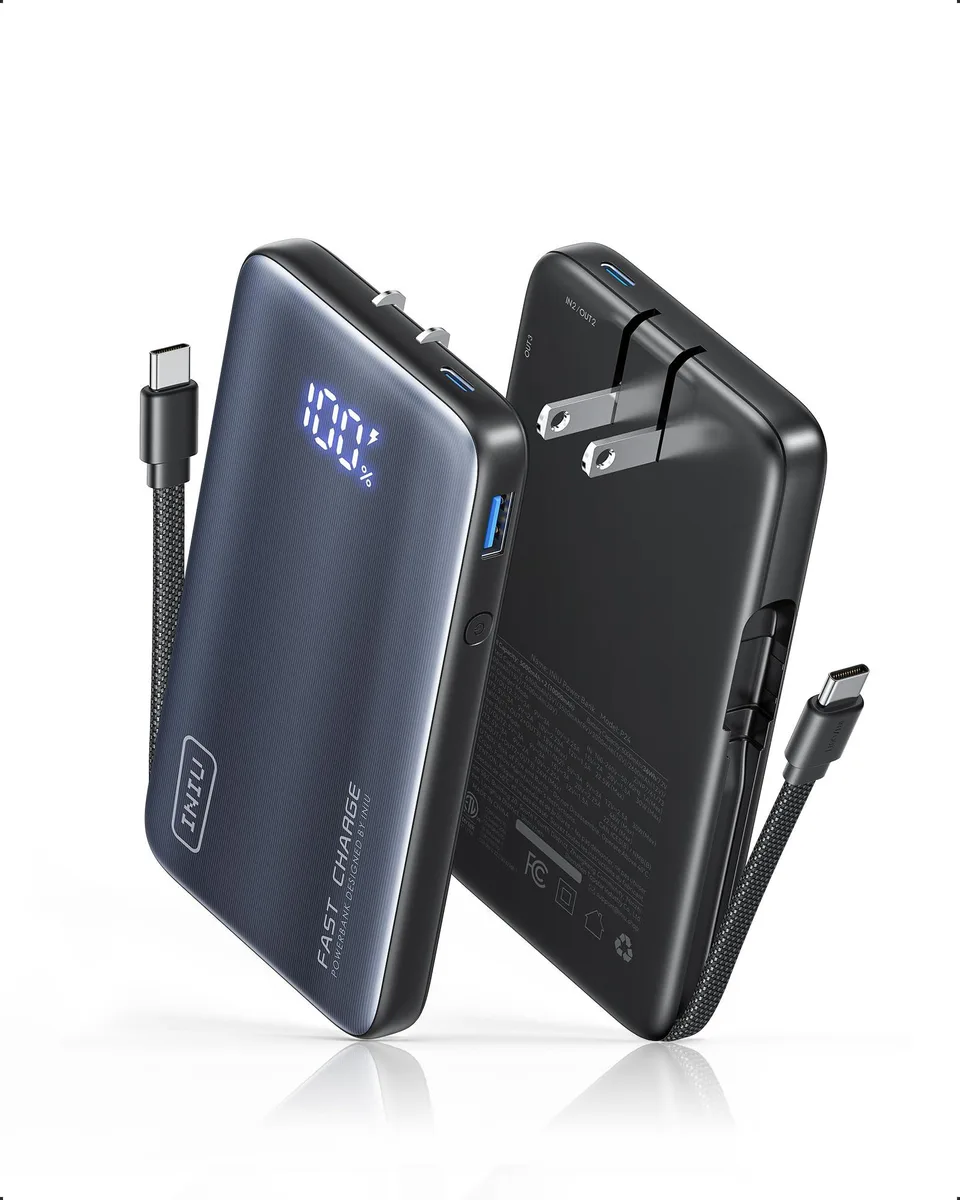 Black rectangular power bank with foldable wall plug and built-in USB-C cable, slim profile
