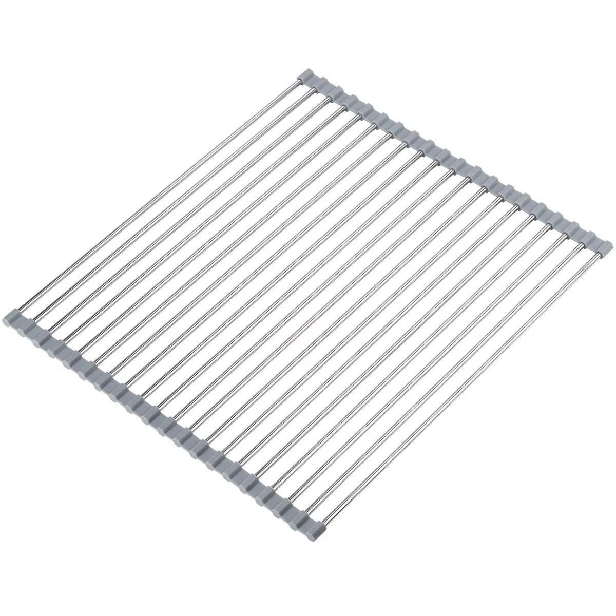 Grey foldable stainless-steel roll-up drying rack with 20 tubes over a sink