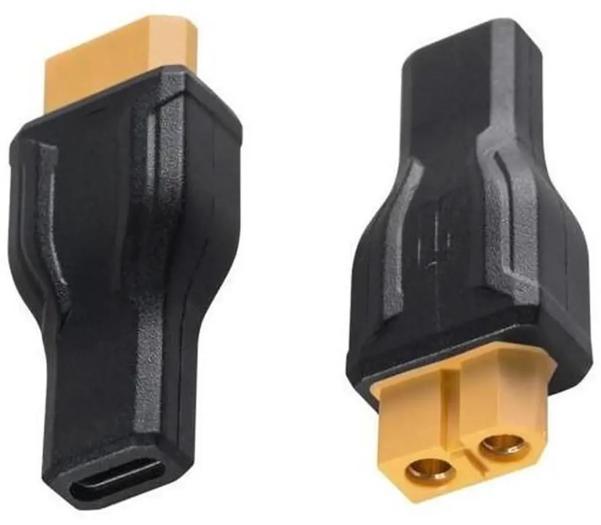 Two USB-C male to XT60 female adapter cables, black connectors, coiled cable bodies