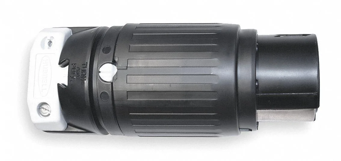 Black nylon locking connector with brass contacts, twist-lock design, 50A rating
