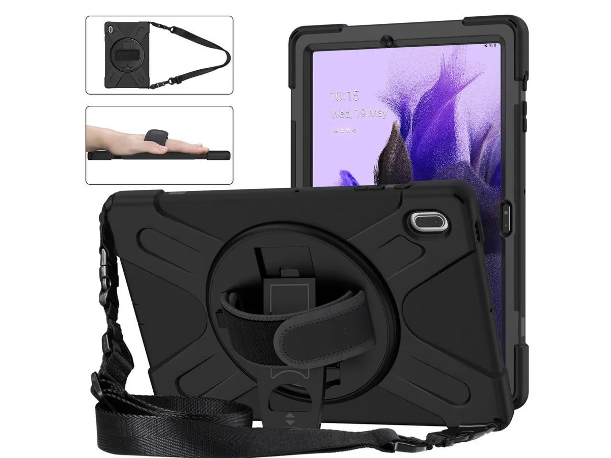 Black protective tablet case with rotating stand handle and shoulder strap