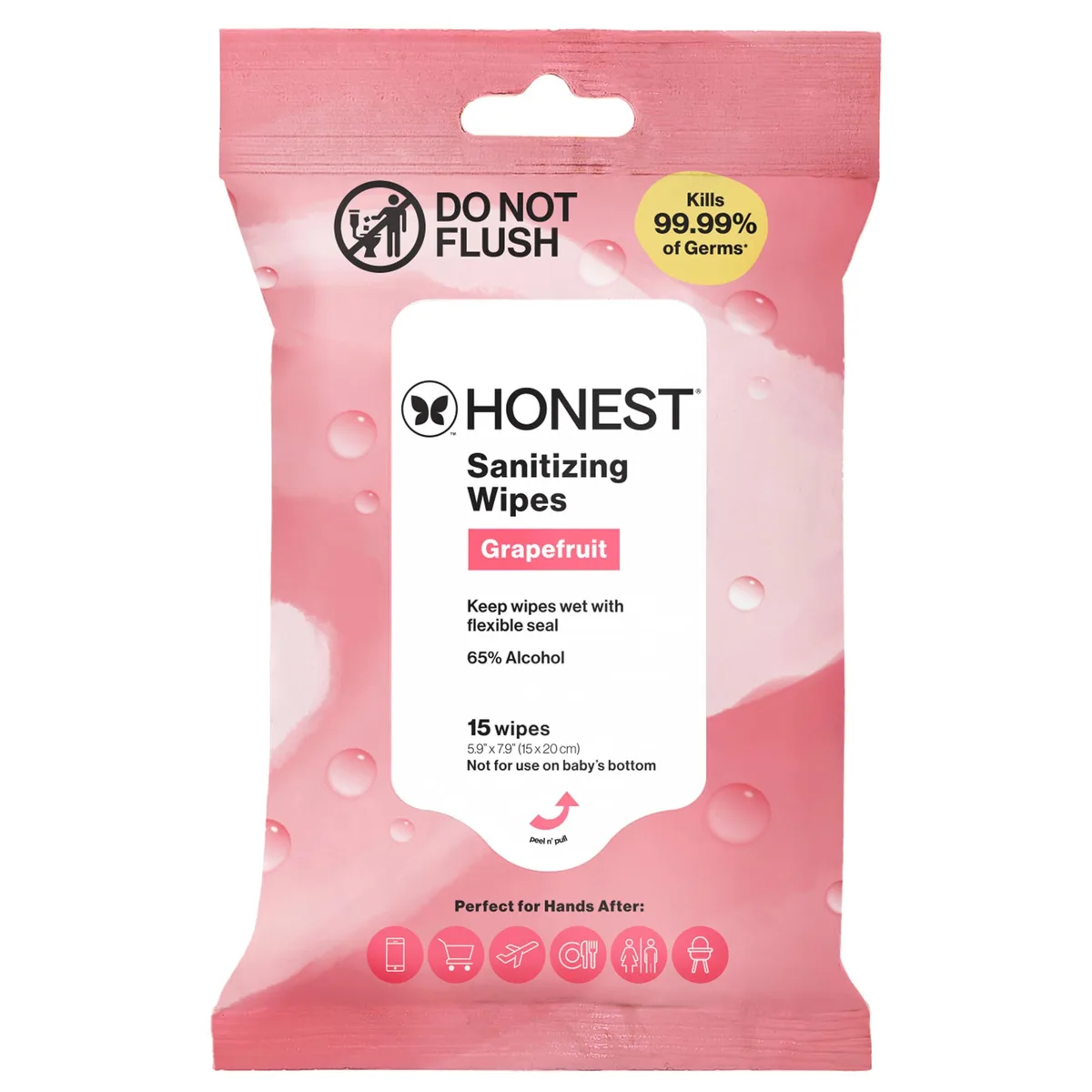 White rectangular pack of 15 grapefruit-scented sanitizing wipes