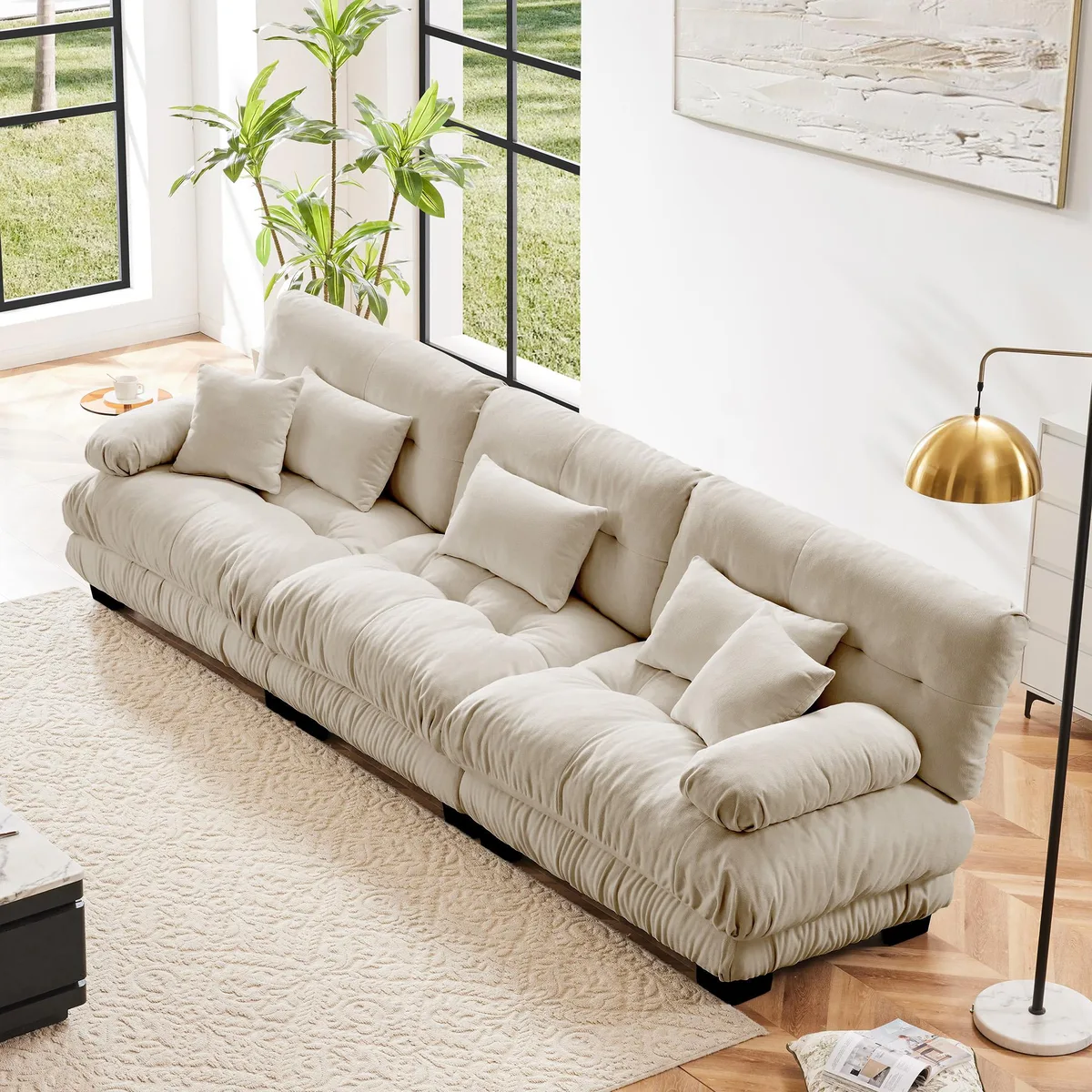Light coffee chenille modular sectional with rounded bolster armrests and deep seat cushions