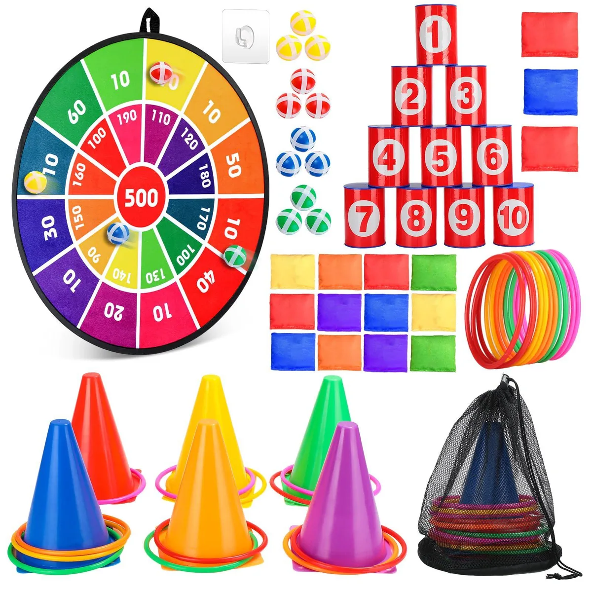 Carnival game combo with dart board, cones, cans and bean bags in black