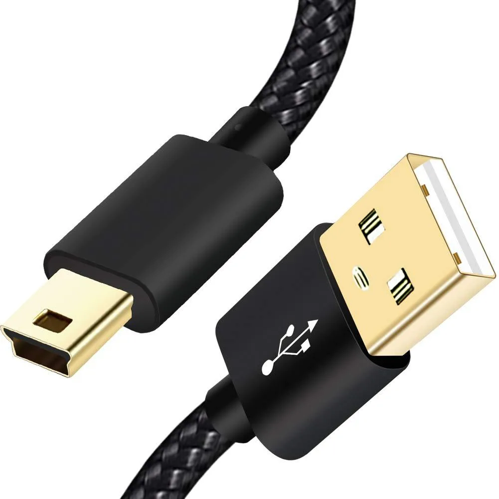 Blue nylon-braided USB Type-A to Mini-B cable, 6 ft