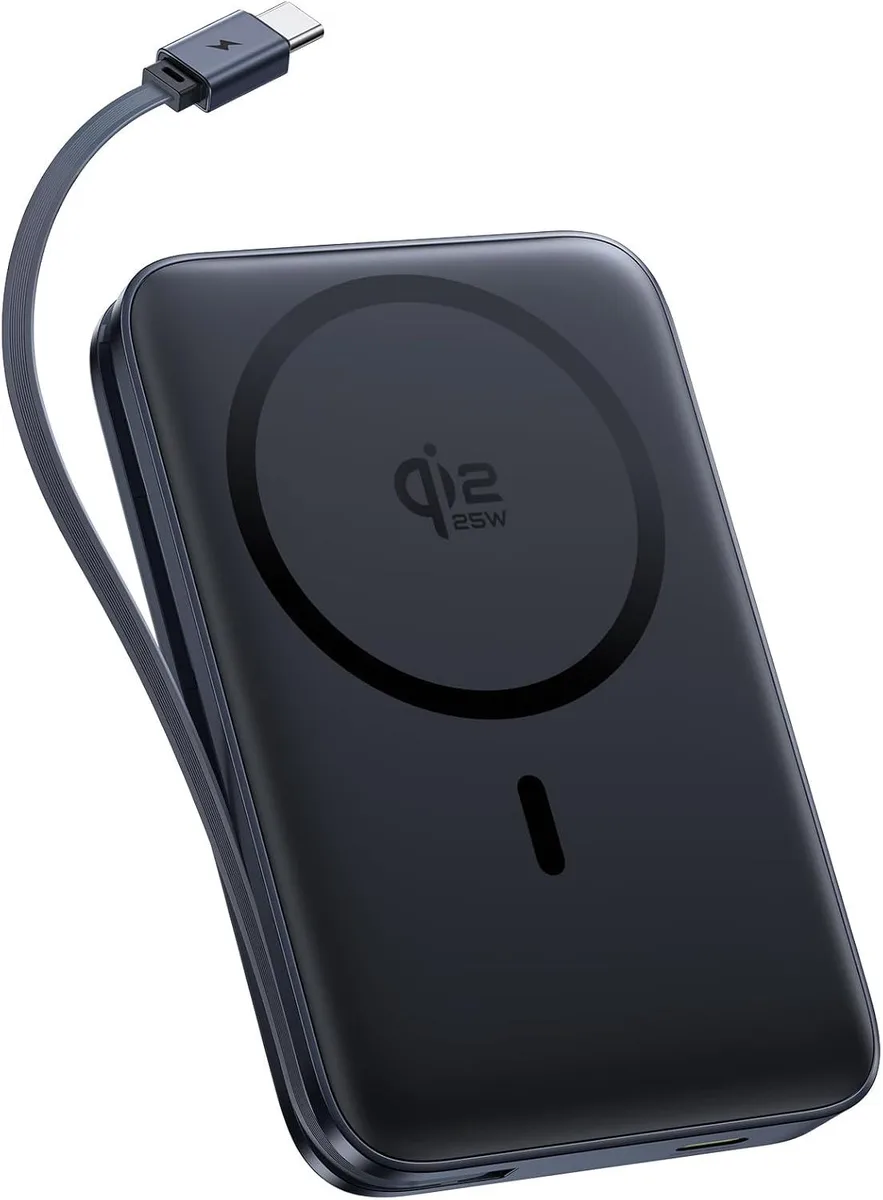 WOOJONG WOOJONG Picogo Qi2.2 25W MagSafe Power Bank 10000mAh 45W Built-in Cable Black — product photo