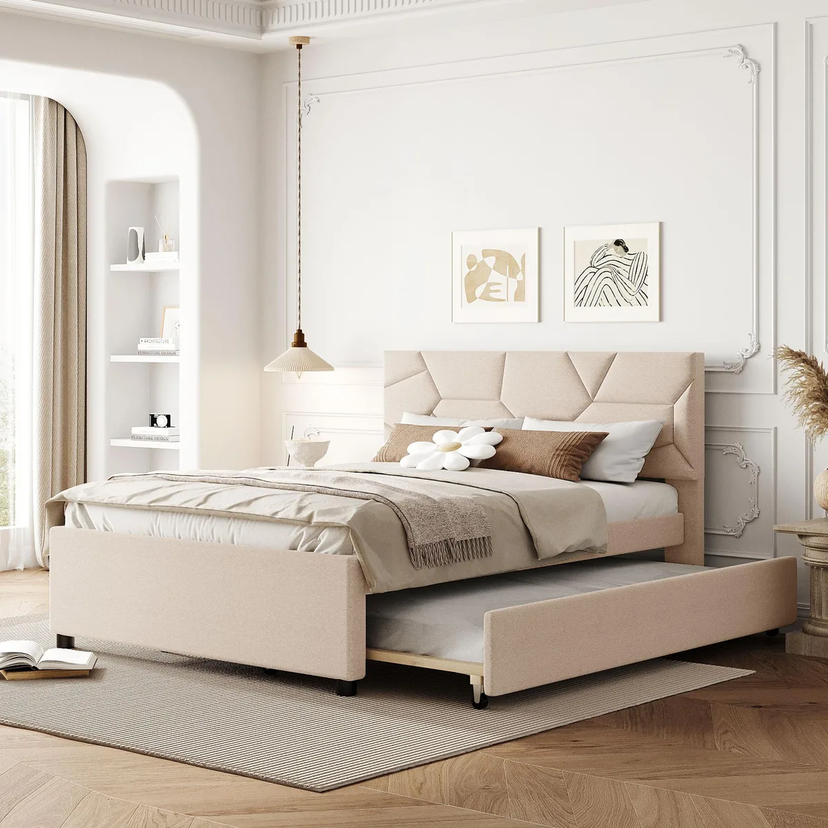 Beige linen upholstered full platform bed with brick-pattern headboard and pull-out twin trundle