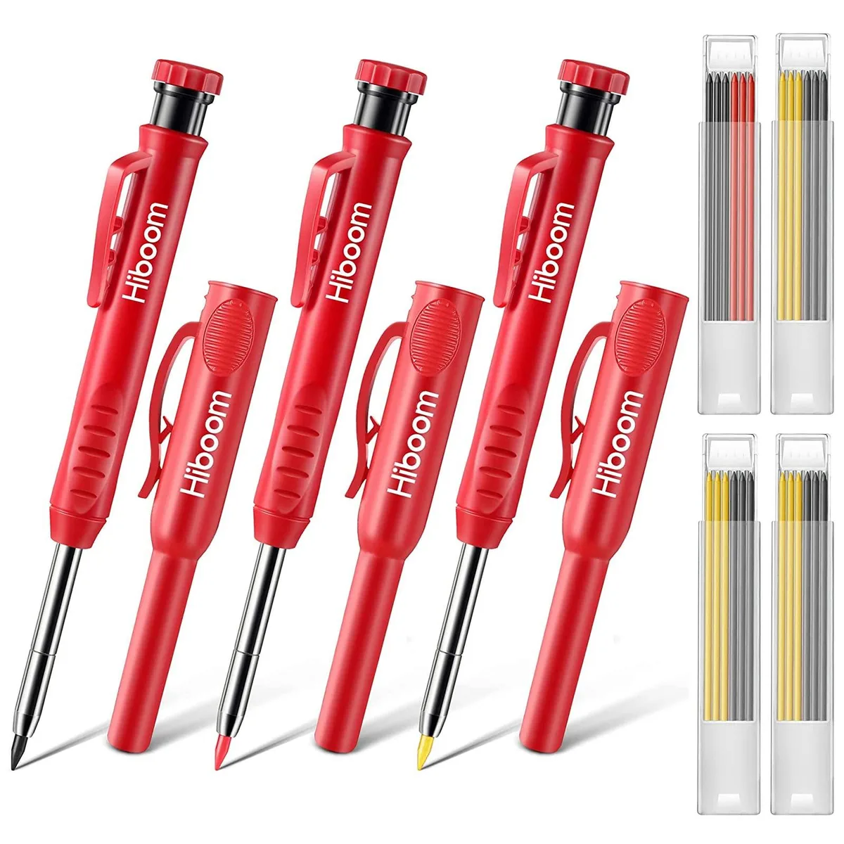 Three blue mechanical carpenter pencils with built-in sharpeners and pocket clips, plus refill boxes