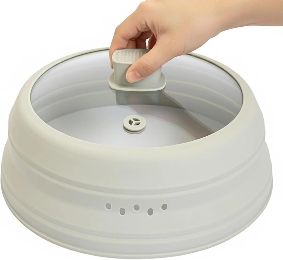 Round 9.8 inch grey tempered glass microwave splatter cover with collapsible silicone rim and handle