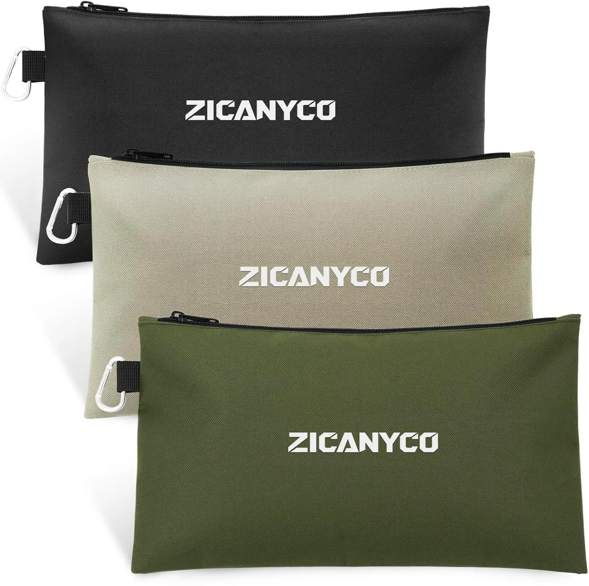 Three nylon zipper pouches in black, beige and olive green with metal zippers and carabiner clips