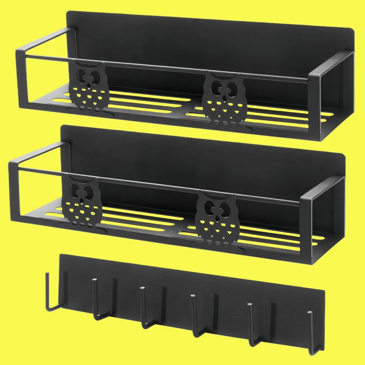 Three red magnetic shelves with owl cutouts, two tiered racks and one hook bar