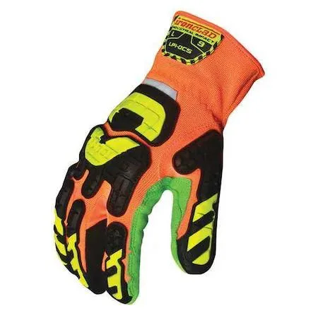 Pair of orange gauntlet impact gloves with TPR knuckle protection and synthetic leather palms