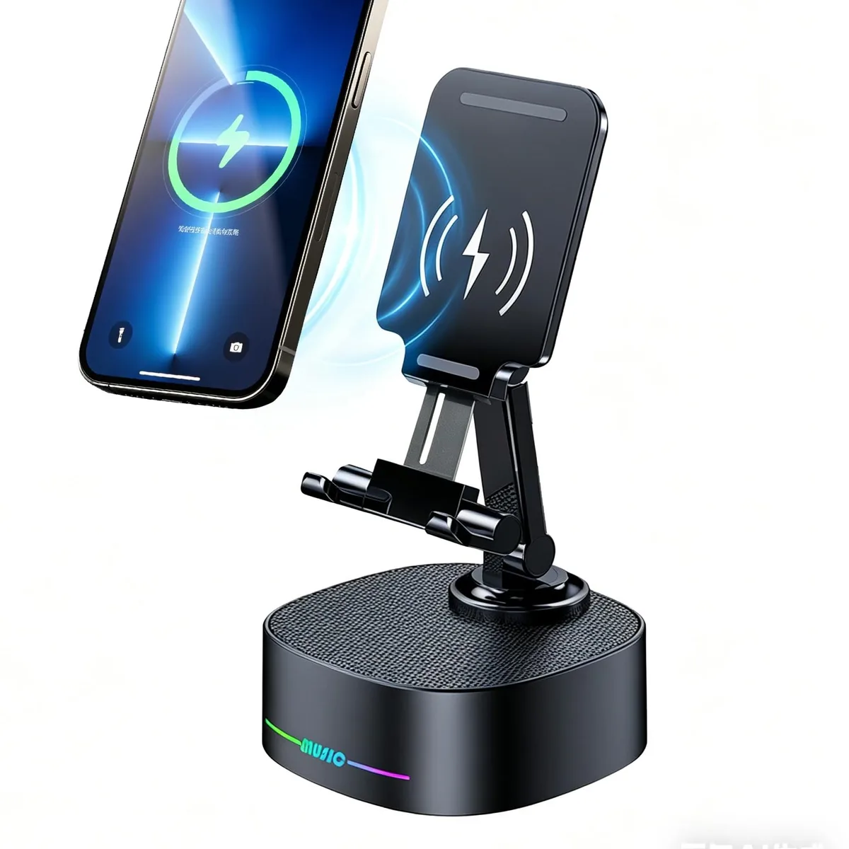 Black compact speaker stand with phone slot and wireless charging pad