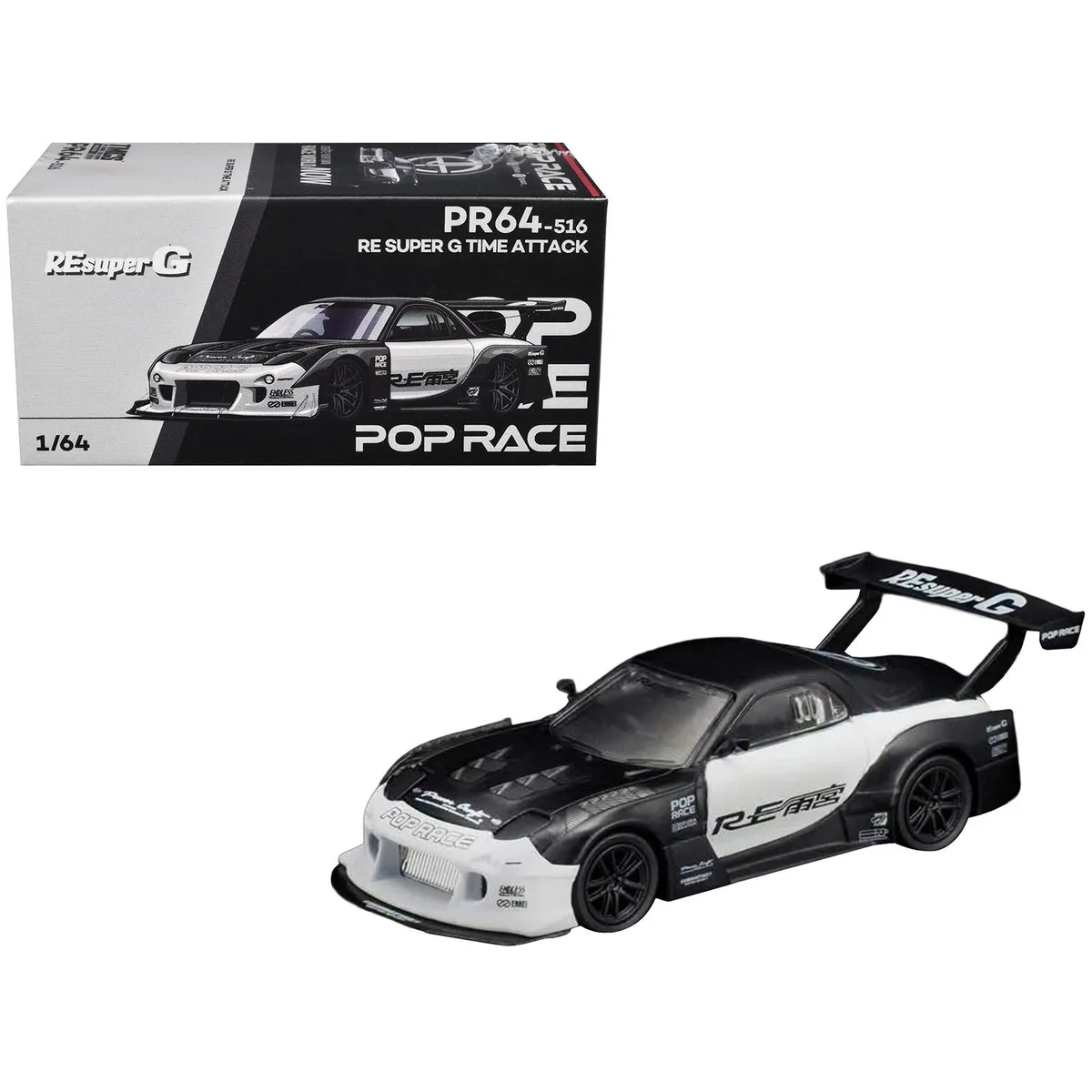 Pop Race Pop Race Mazda RX-7 RE Super G Time Attack RHD Black White Malaysia 2026 1/64 Diecast Hobby Collectible — product photo