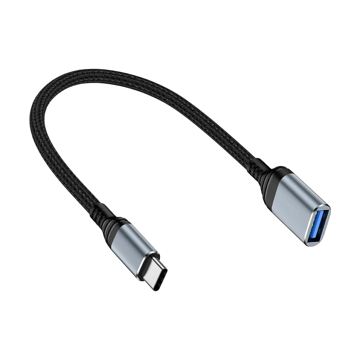 Small silver USB-C male to USB-A female adapter