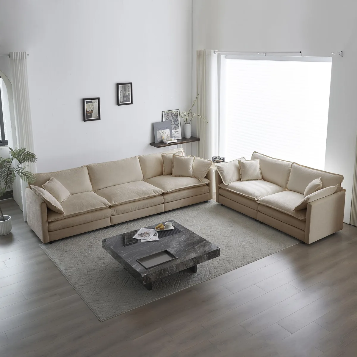 Two beige chenille sofas, a two-seater and a three-seater, side by side