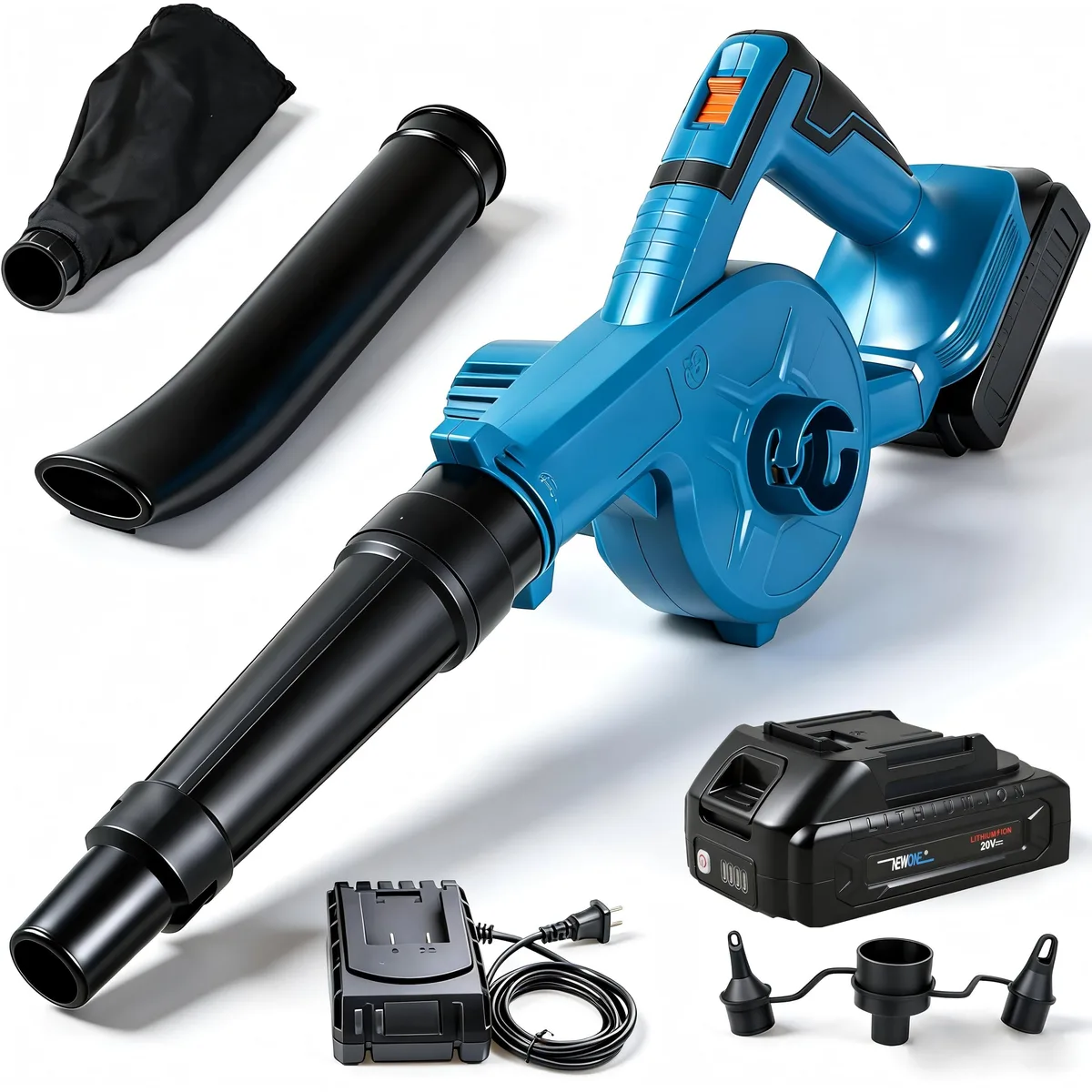 Small cordless leaf blower in green and black plastic, handheld form, Makita 18V battery attached