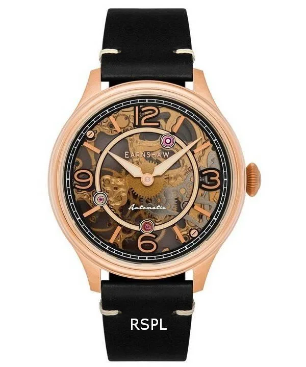 Rose gold tone stainless steel watch with black skeleton dial and leather strap