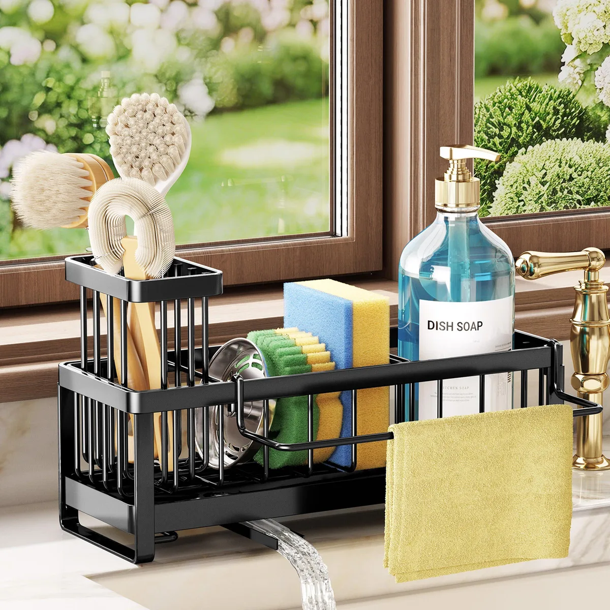 Black 304 stainless steel sink caddy with self-draining pipe and removable towel bar