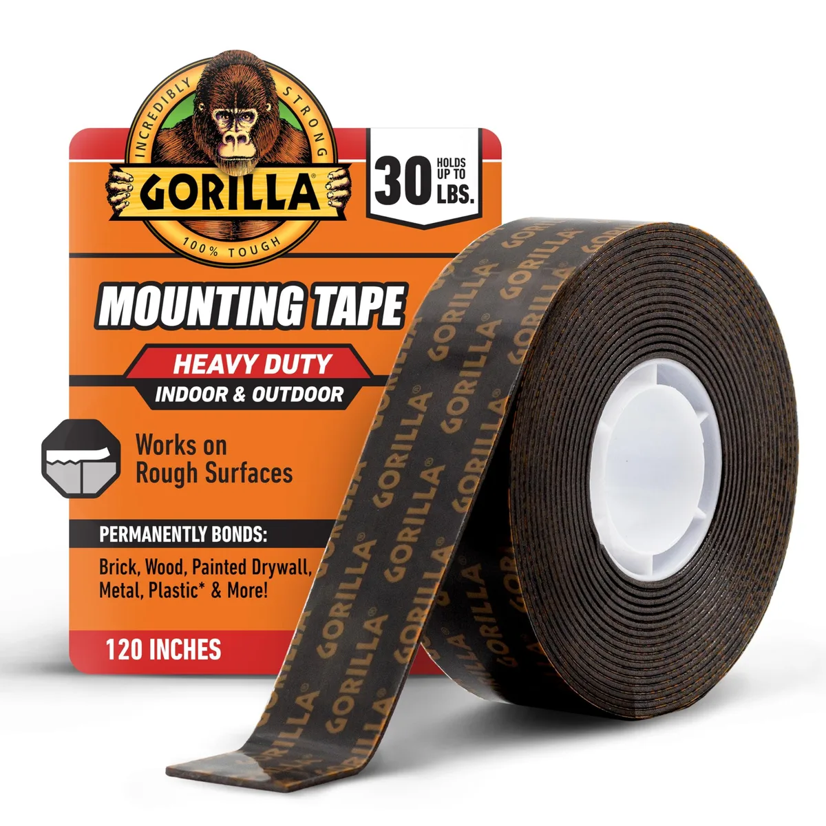 Black double-sided mounting tape roll in clear dispenser, 1 inch wide by 120 inches long