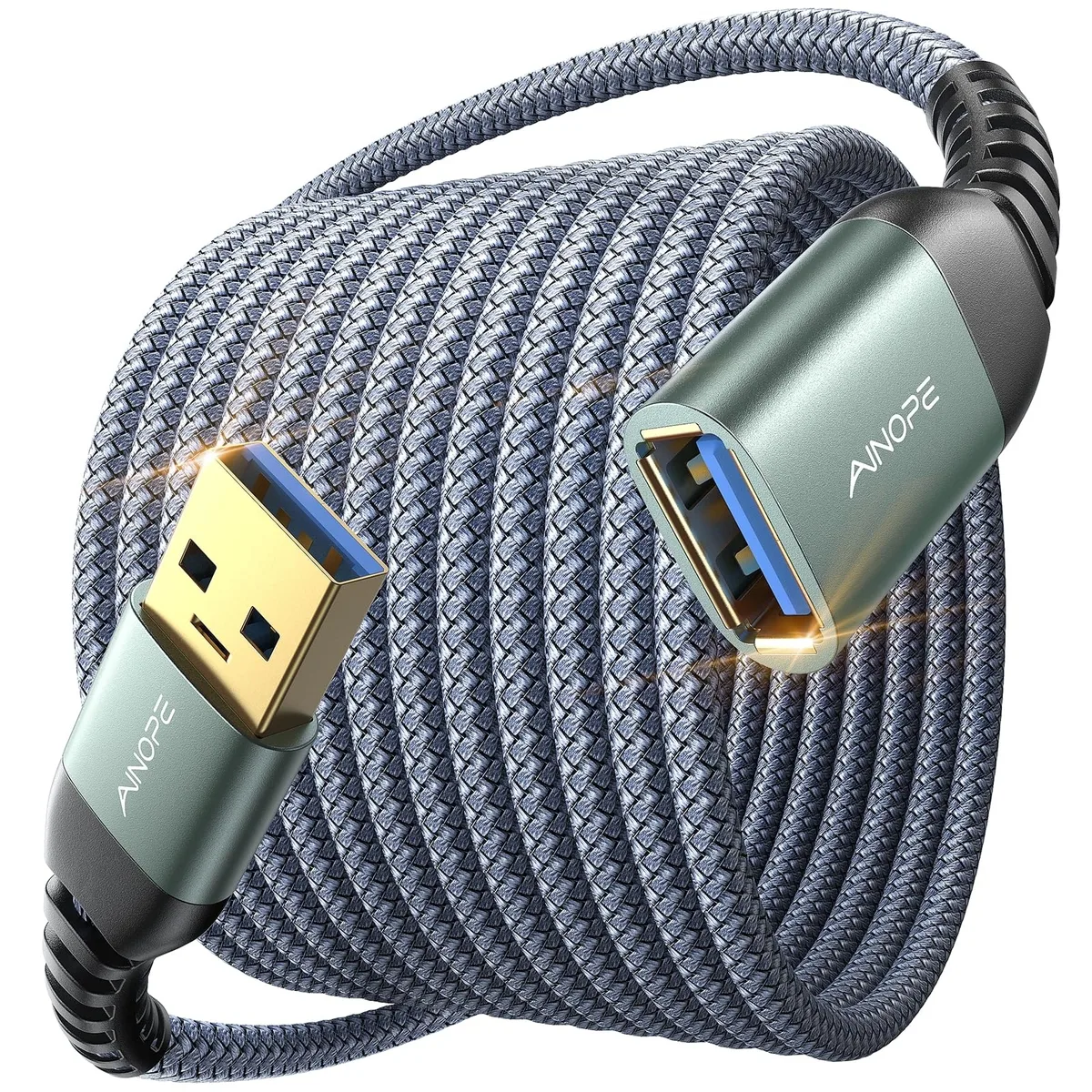 Grey braided USB 3.0 extension cable, 10 ft, male-to-female Type-A connectors