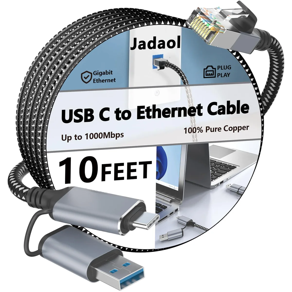 Black and white nylon-braided cable with USB-C plug, built-in USB-A adapter and RJ45 connector