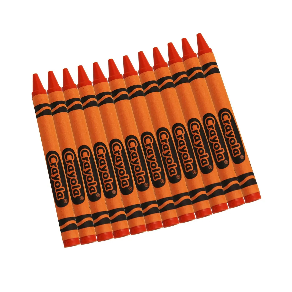 A rectangular cardboard box containing twelve orange wax crayons with paper wrappers
