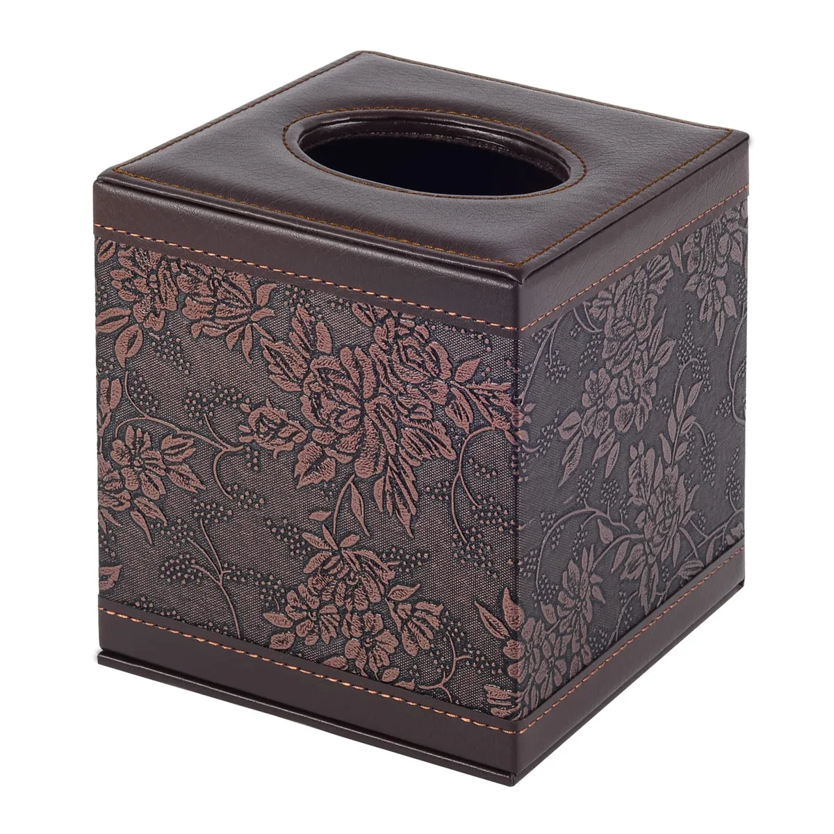 Square retro leather tissue box cover, 13 x 13 x 14.5 cm, golden rim, oval top opening, magnetic bottom