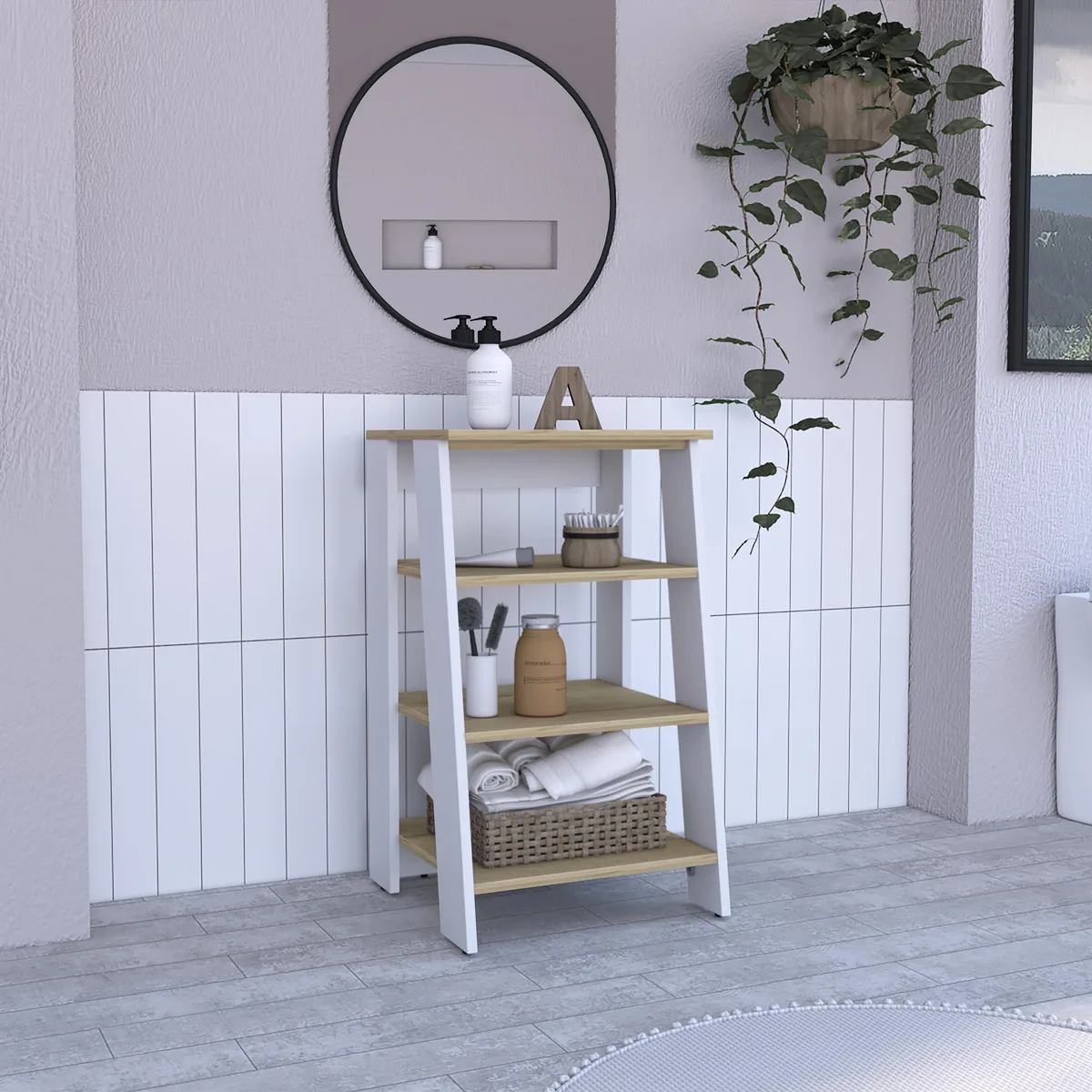 Vertical bookshelf with four open shelves, light oak and white finish, four legs