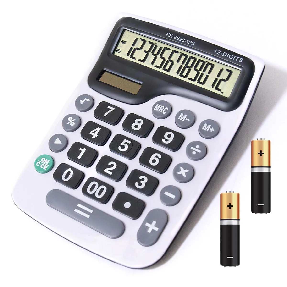 12-digit desktop calculator with large LCD display and dual solar battery power