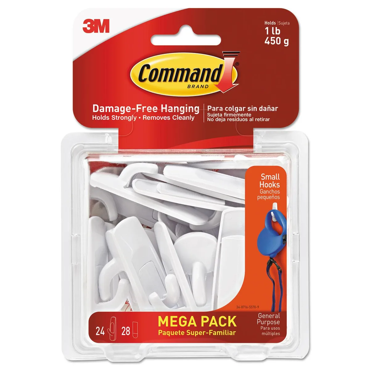 White plastic adhesive hooks with strips in a pack