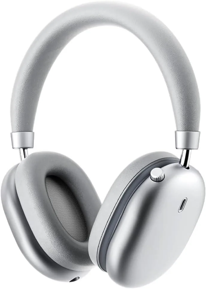 Silver over-ear headphones with padded ear cups and headband