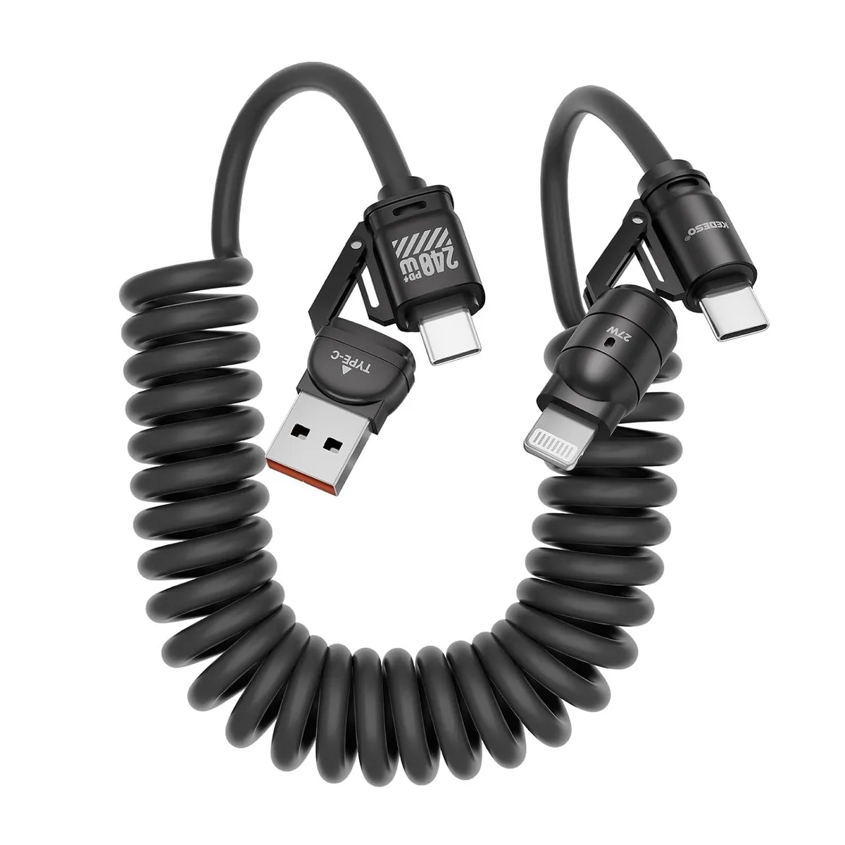 Mobee Mobee 4-in-1 Retractable Coiled Cable USB-A/USB-C to USB-C/Lightning 240W 480Mbps — product photo
