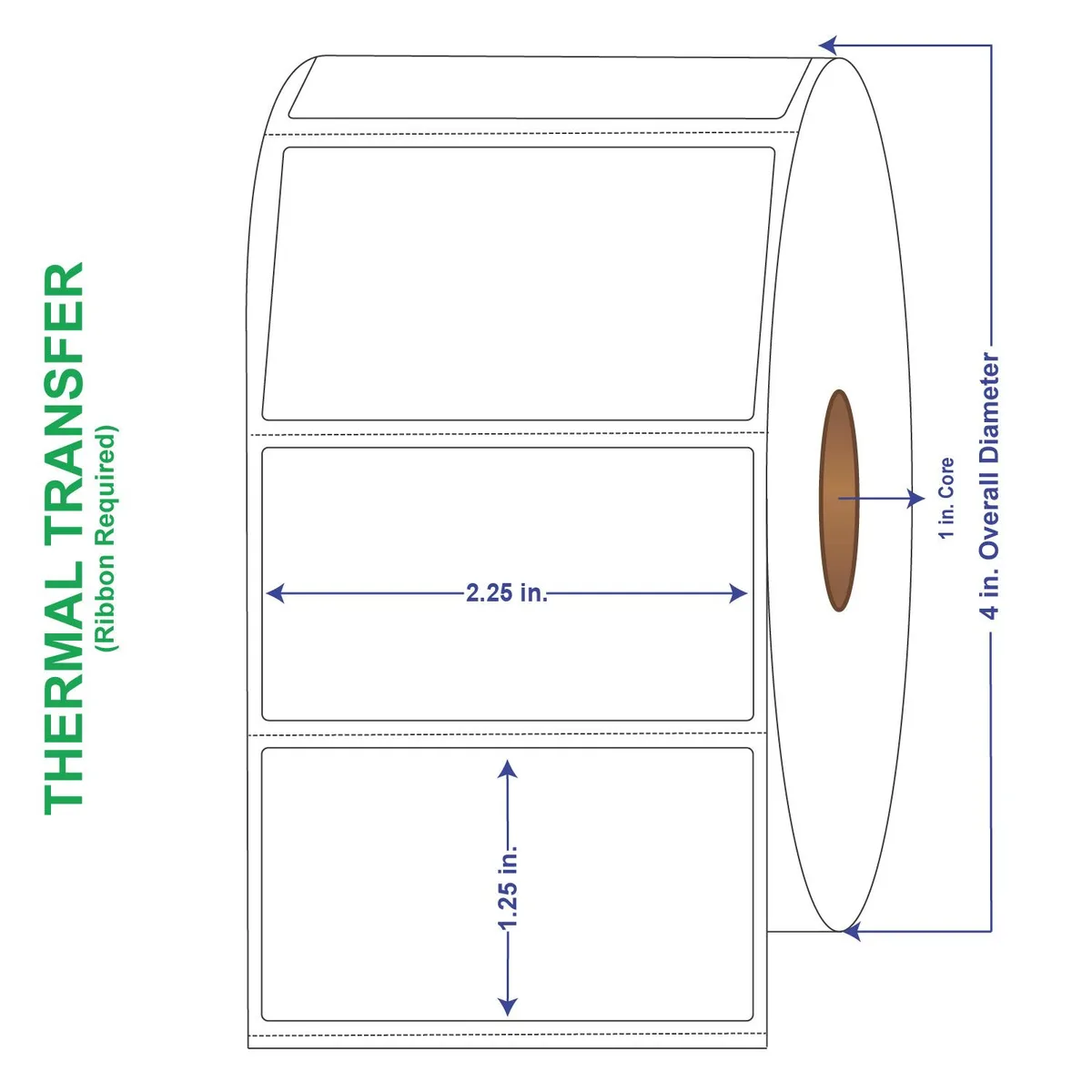 Four rolls of white perforated thermal transfer labels in a carton