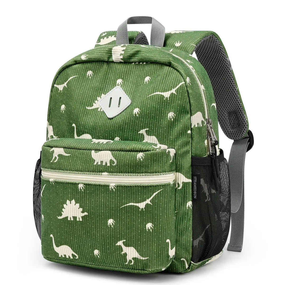 A small corduroy toddler backpack in multi-colour dinosaur print, 12 inches tall with front zip pocket and side holders