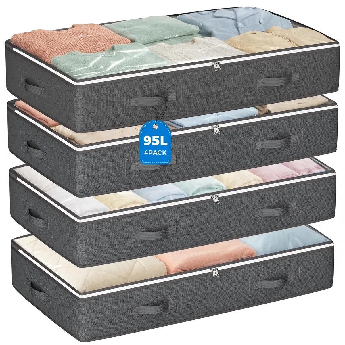 Four grey fabric storage boxes with clear windows and handles, folded flat