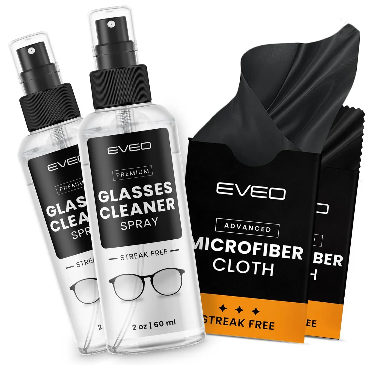 EVEO Glasses Cleaner Spray Kit 4oz (2x2oz) with 2 Cloths — product photo