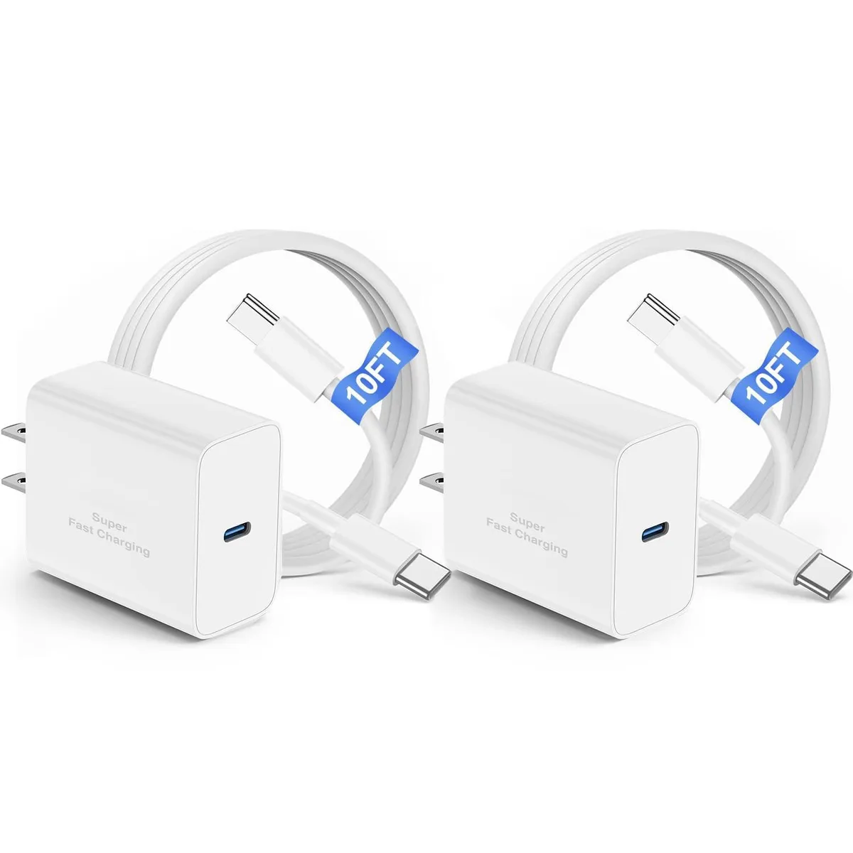 Two white USB-C wall chargers with two long white USB-C to USB-C cables