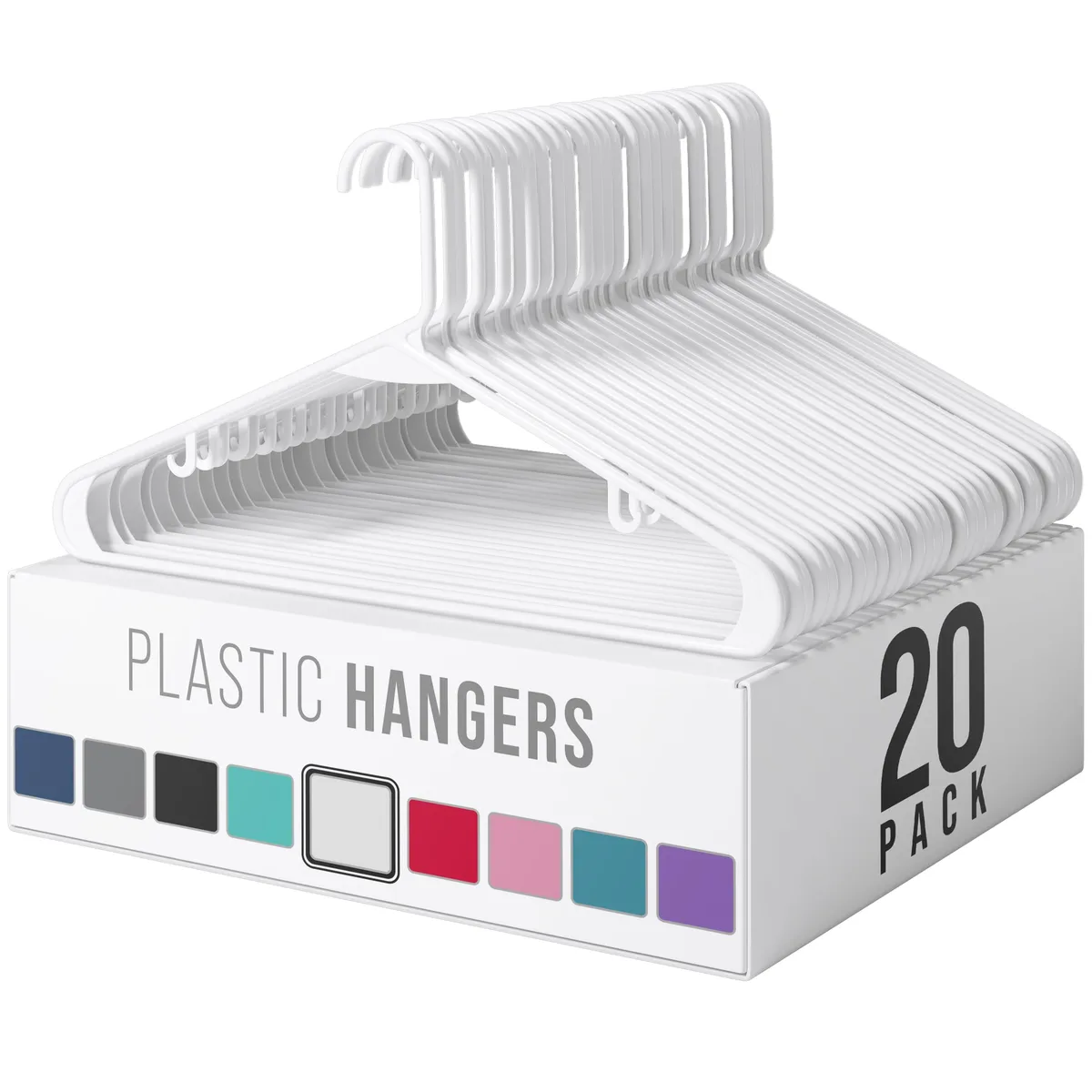 Twenty white plastic clothes hangers, 16.5 by 9 inches, 0.28 inches thick