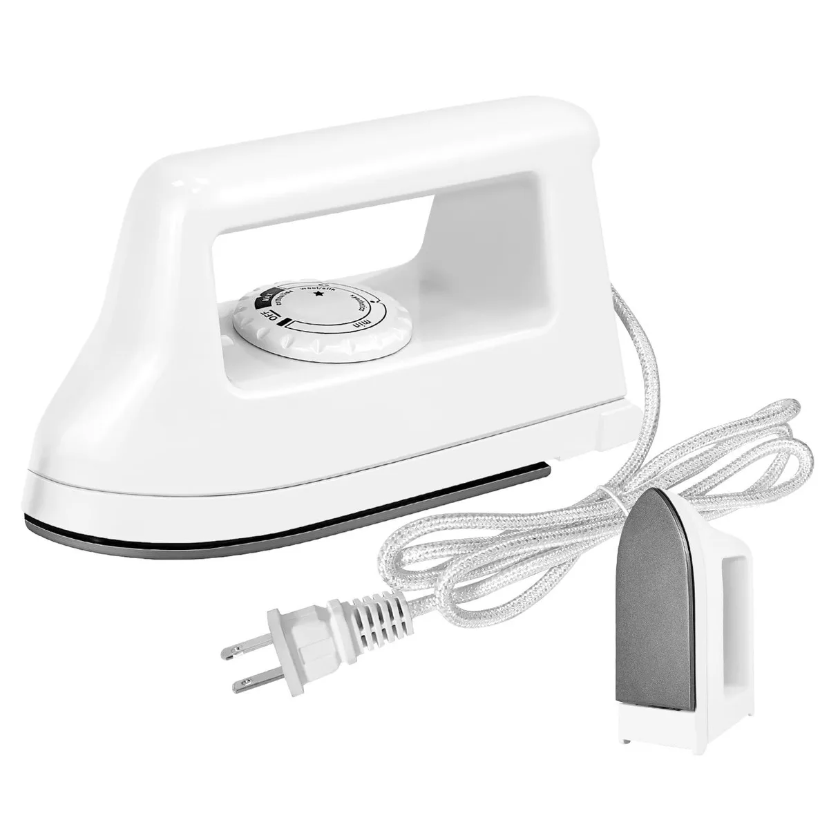White mini heat press iron on charging base, 6.6 by 2.7 by 3.8 inches