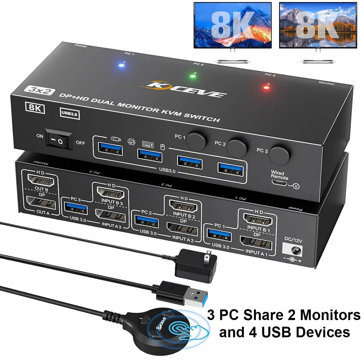Hitoor Hitoor KVM Switch 3 Computers 2 Monitors 4K@144Hz 8K@60Hz HDMI 2.1 DP 1.4 Wired Remote — product photo