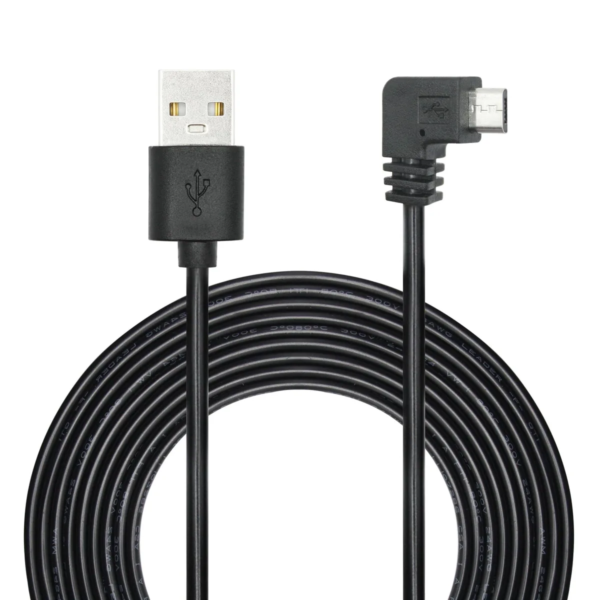 Black 11FT Micro USB charging cable with 90-degree left-angle connector, PVC jacket, male-to-male ends
