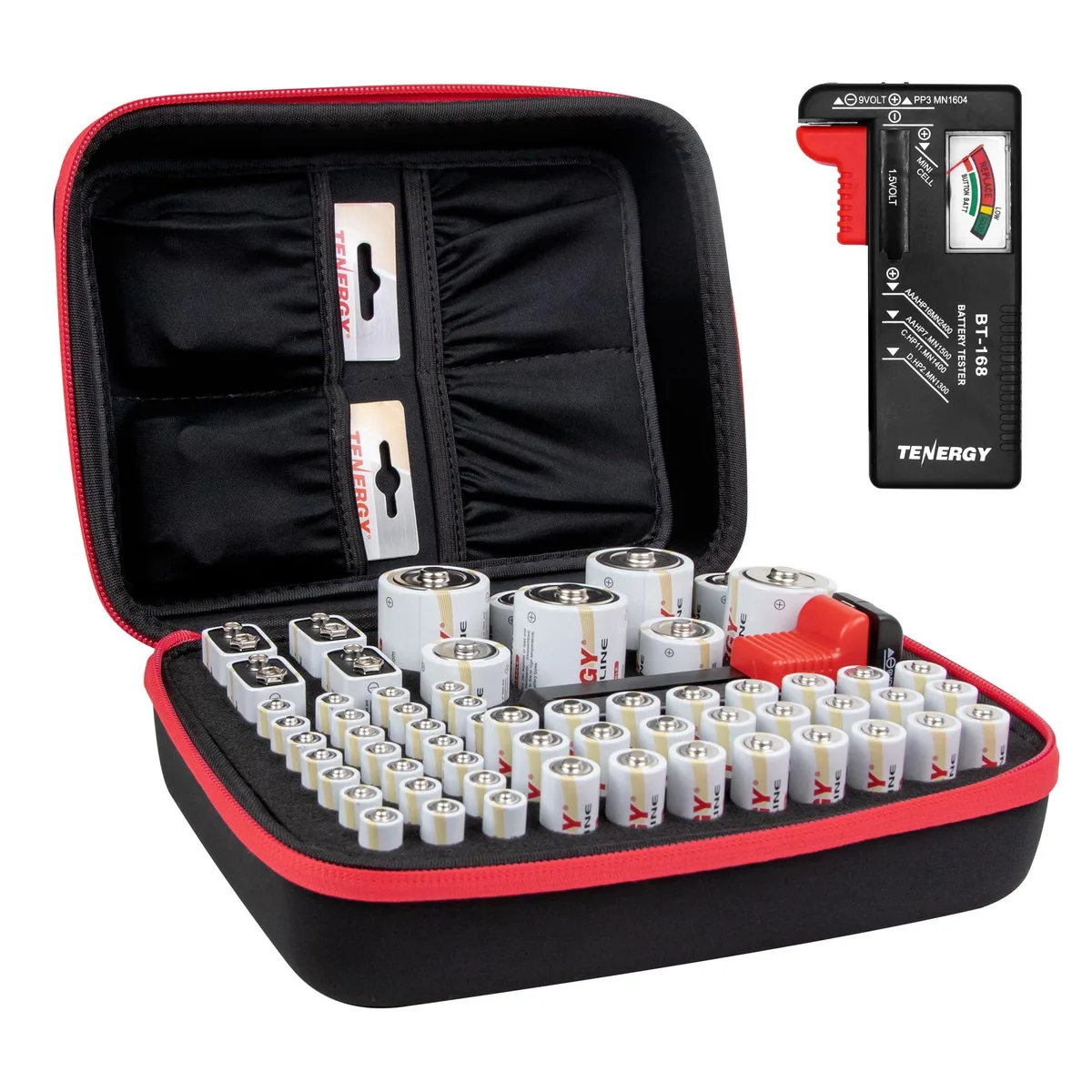 Black PET battery organiser case with zipper, foam slots for 60 cells and built-in tester