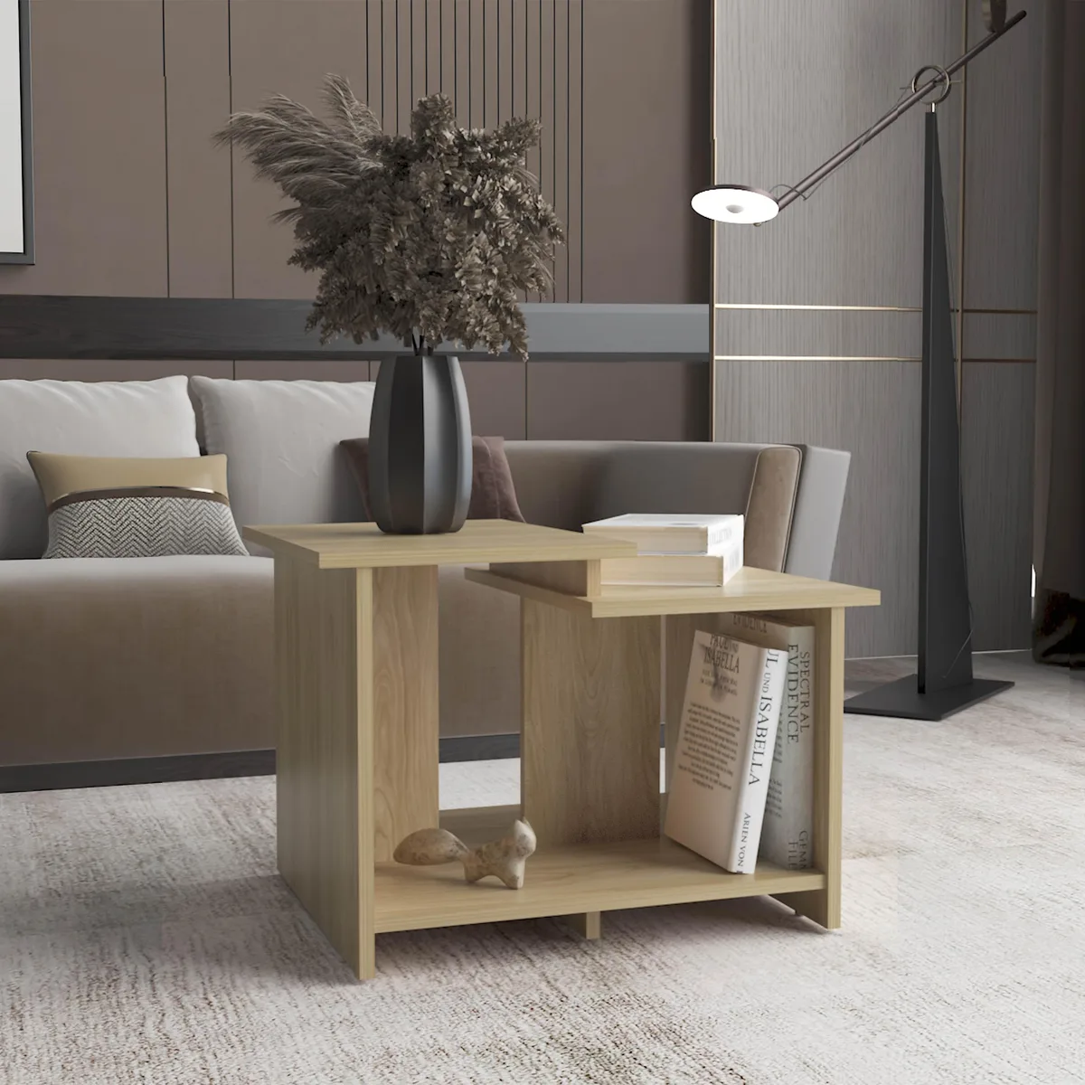 Light oak rectangular coffee table with open lower shelf, particle board construction