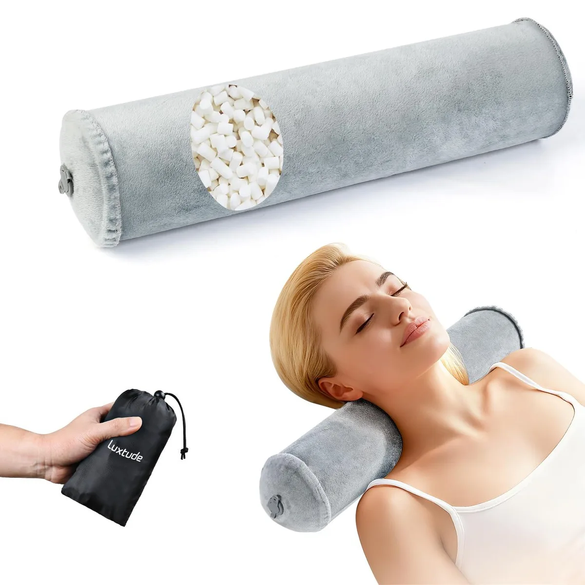 Grey inflatable neck roll pillow cylinder 3.9in diameter with button valve