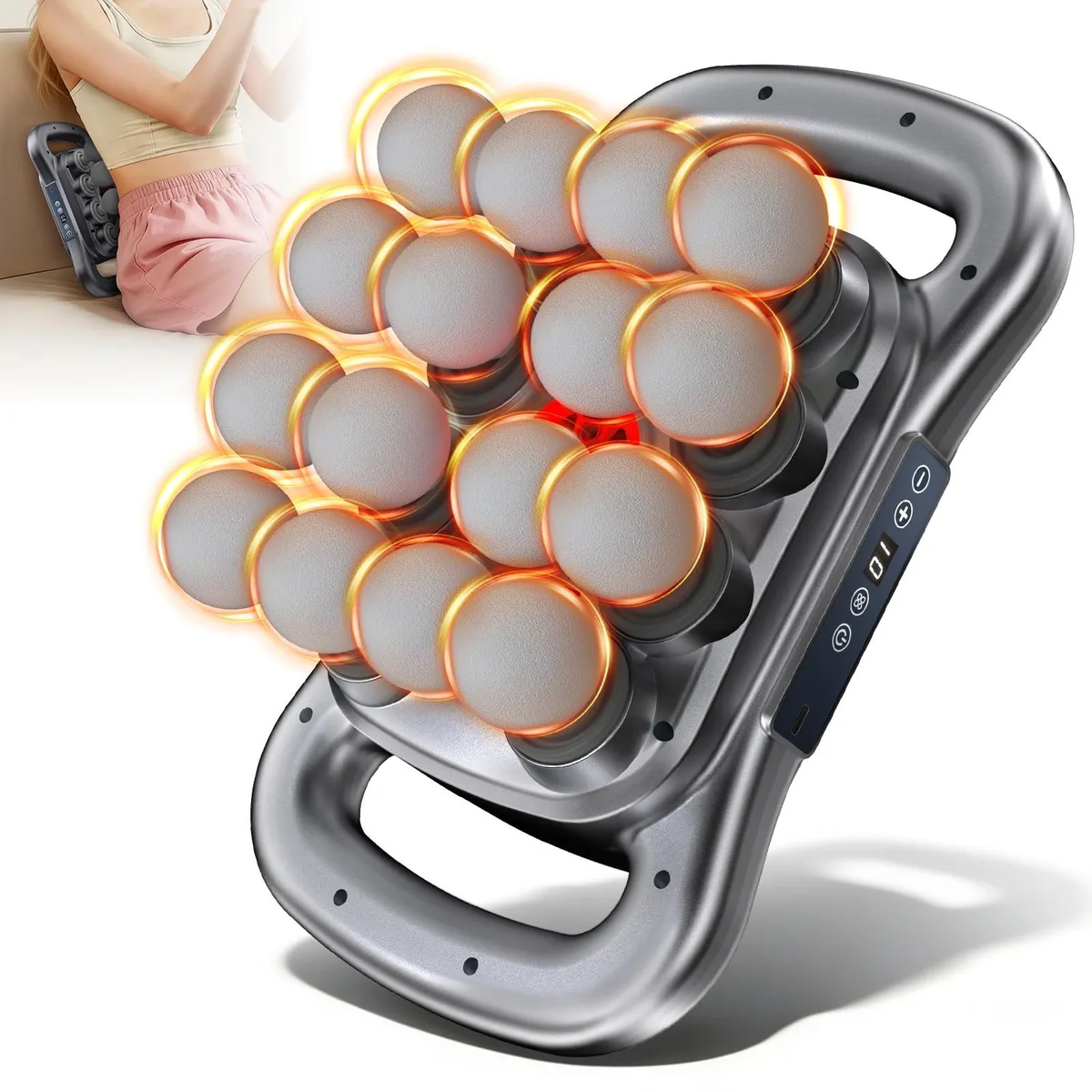 Gray handheld massage gun with textured grip and multiple attachment heads