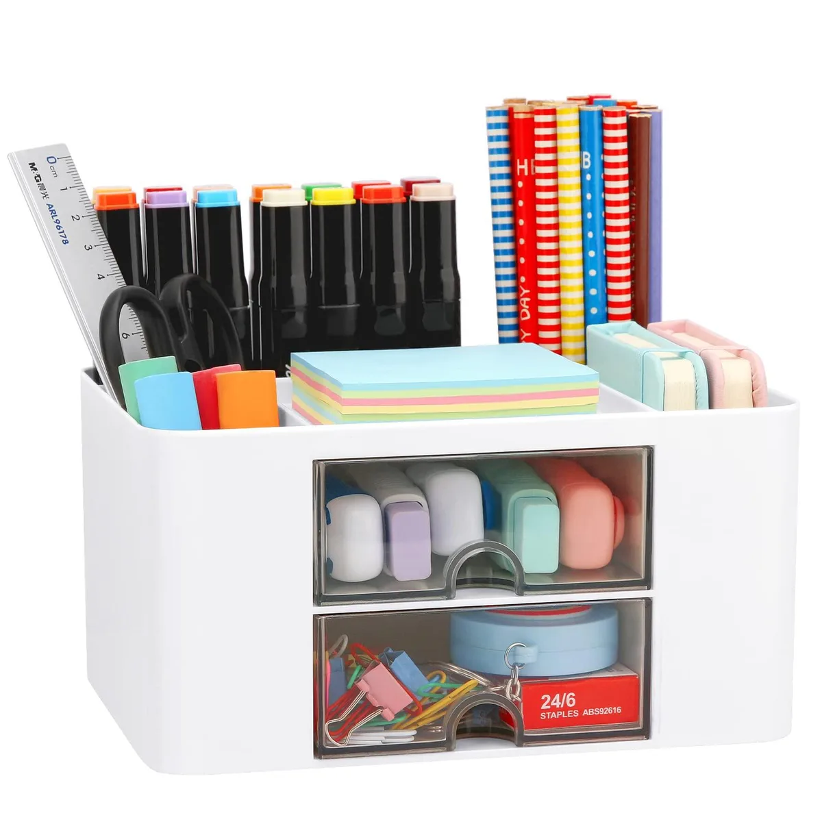 White plastic desk organiser with two transparent drawers and open top compartments
