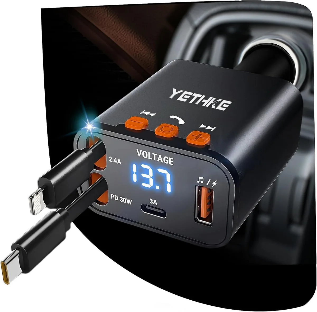 Leelbox Leelbox Bluetooth 5.4 FM Transmitter Car Charger 69W 2 Retractable Cables Black — product photo