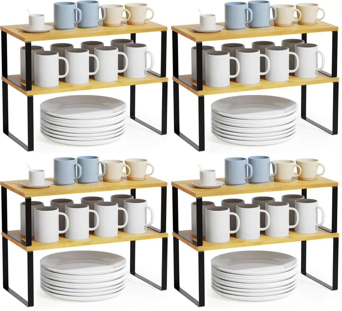 Four bamboo and black metal tiered shelf organizers 15.7 by 7.7 by 6.1 inches